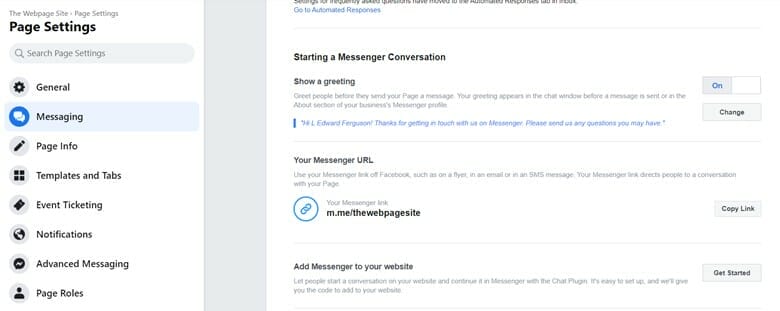 facebook business page messaging configuration wizard