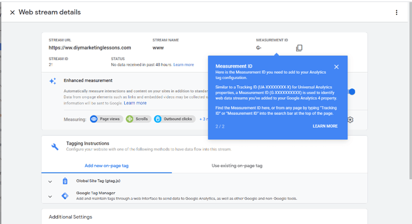 google analytics web stream details_