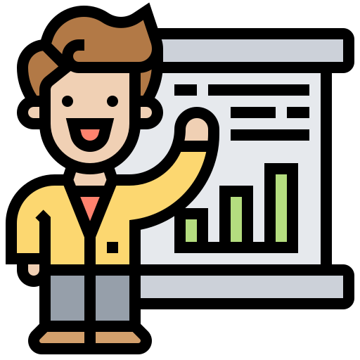 A man stands before a bar graph chart, analyzing the data displayed.